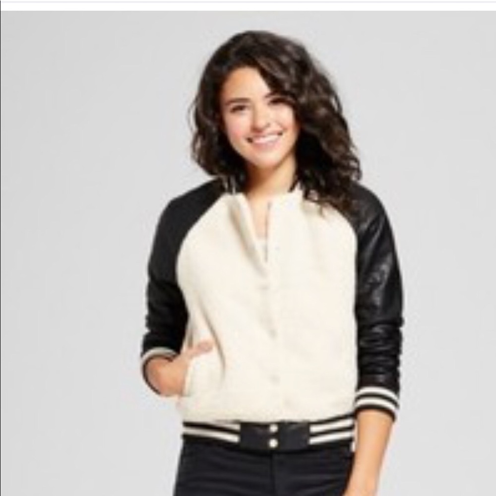 Women’s Sherpa Bomber with faux leather sleeves